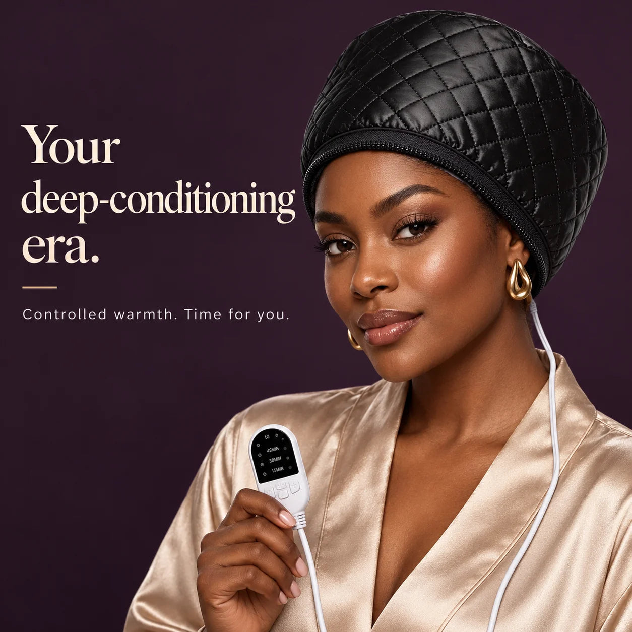 Black woman wearing the quilted thermal cap. Your deep-conditioning era. Controlled warmth. Time for you.